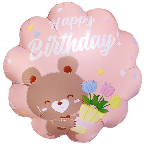 Шар 46 см Фигура Happy Birthday мишка с букетом Розовый