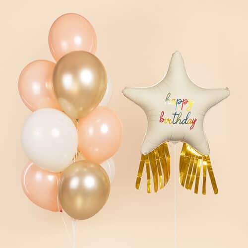 Комплект из шаров фонтан и Звезда Happy Birthday Золотой каскад Кремовый с грузиками