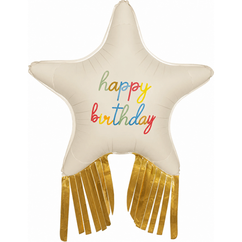 Шар 97 см Звезда Happy Birthday Золотой каскад Кремовый Сатин